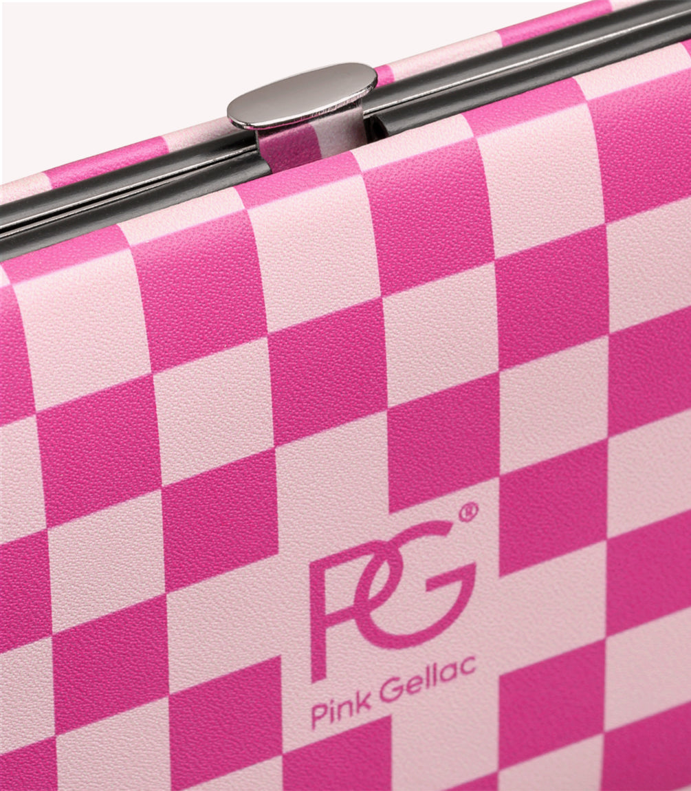 Pink-white checkered pouch with the Pink Gellac logo on it.