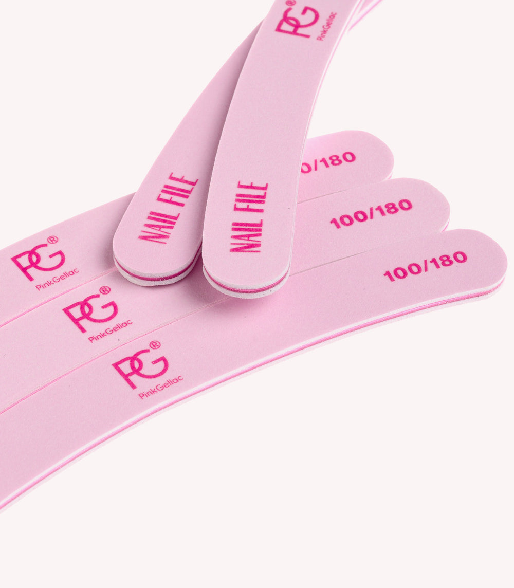 Pink nail files with the Pink Gellac branding and the grittingen 100/180 on it.