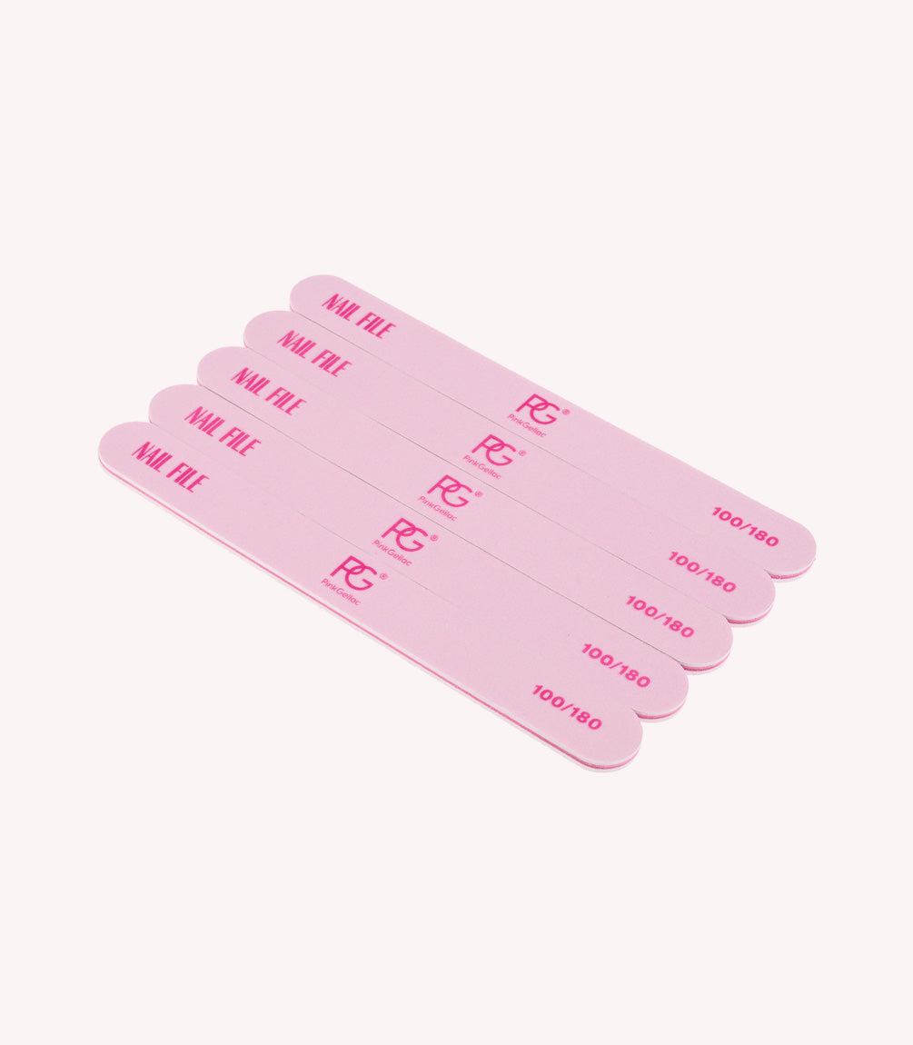 Five pink nail files with imprint and grit specification 100/180 in a fan shape on a white background.