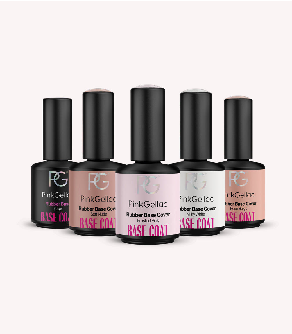 Pink Gellac Rubber Base Set gel polish bottles.