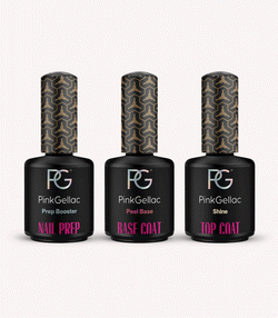Three bottles of Pink Gellac nail polish: Nail Prep, Base Coat, Top Coat. They have black bottles and decorative caps.