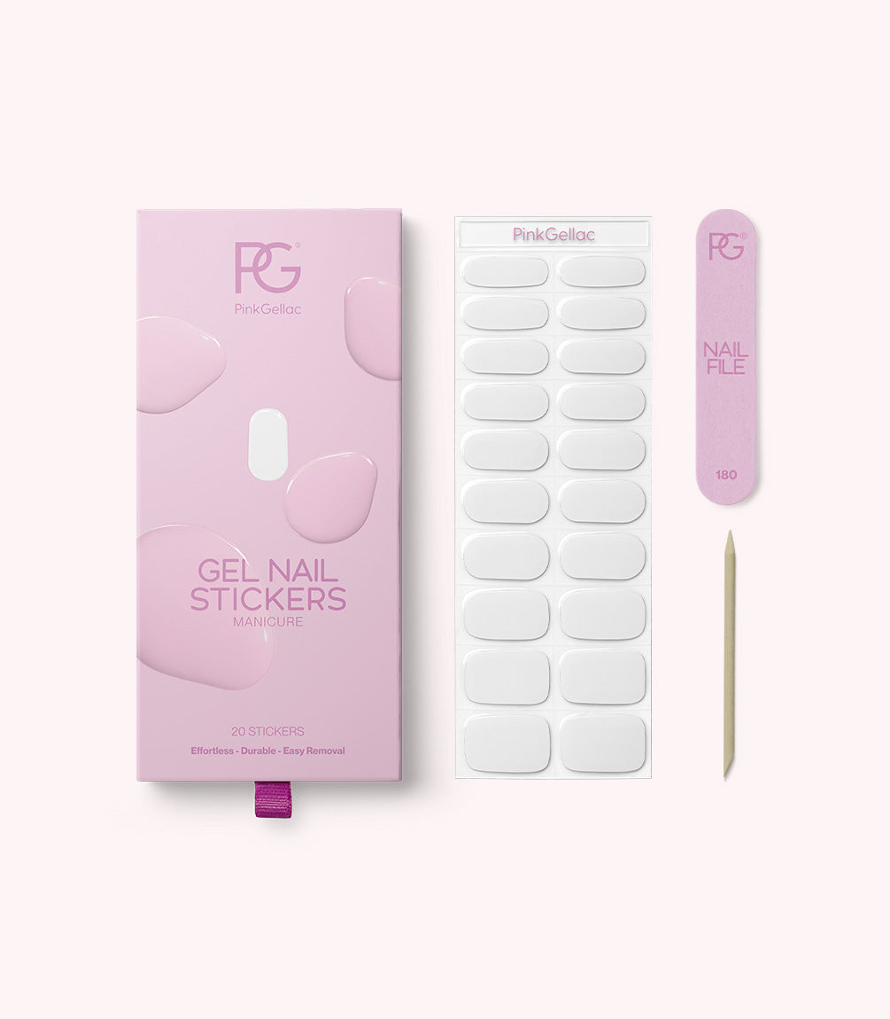Pink Gellac 001 Whispering White gel nail stickers with sheet, nail file and cuticle stick.