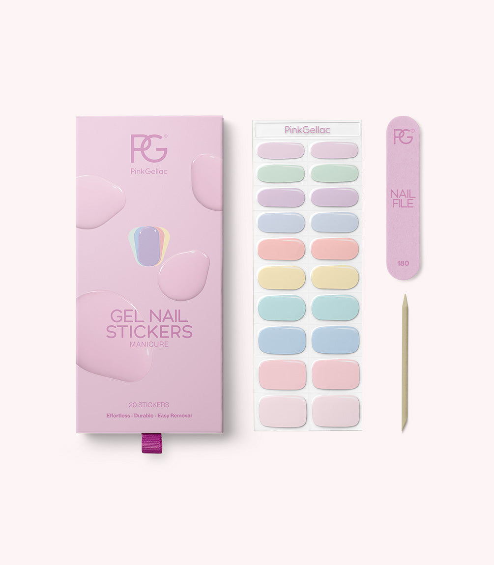 Pink Gellac 002 Pastel Party gel nail stickers with sheet, nail file and cuticle stick.
