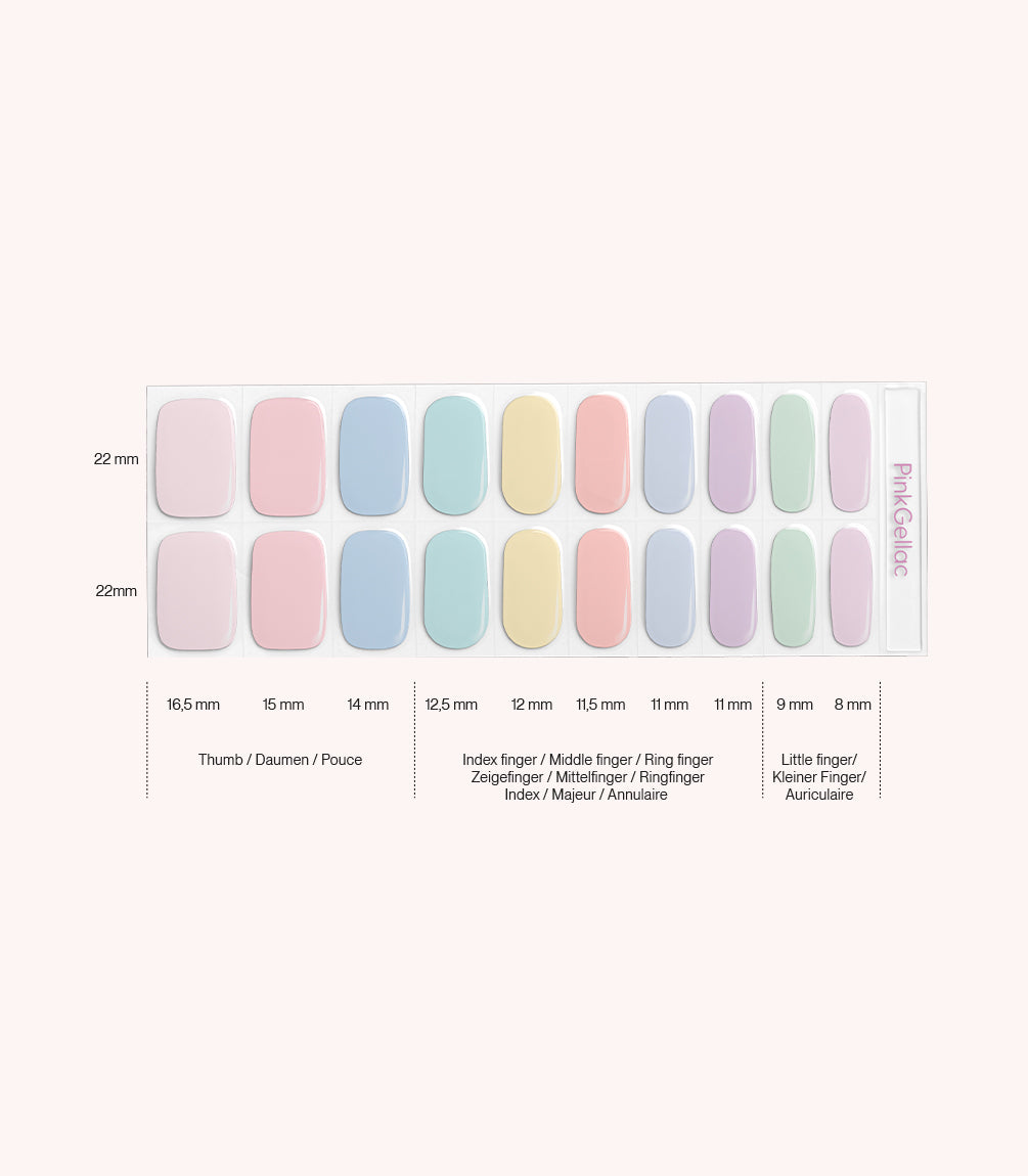 Pink Gellac 002 Pastel Party gel nail stickers size guide with measurements per nail.
