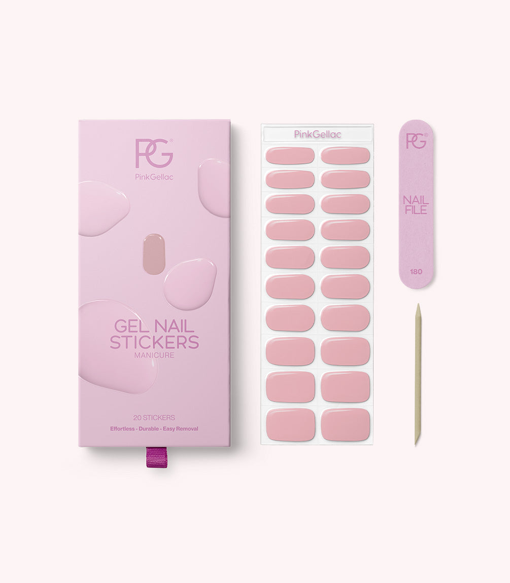 Pink Gellac 003 Toasted Nude gel nail stickers with sheet, nail file and cuticle stick.