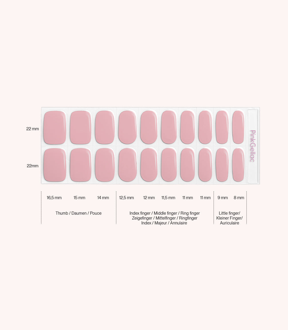 Pink Gellac 003 Toasted Nude gel nail stickers size guide with measurements per nail.