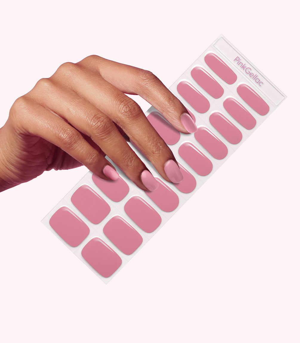 Hand wearing Pink Gellac 004 Muted Rose gel nail stickers.