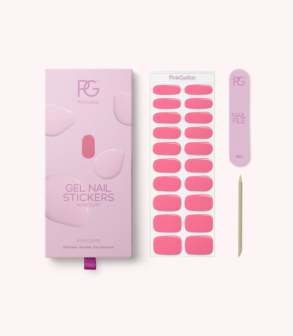 Pink Gellac 005 Coral Charm gel nail stickers with sheet, nail file and cuticle stick.
