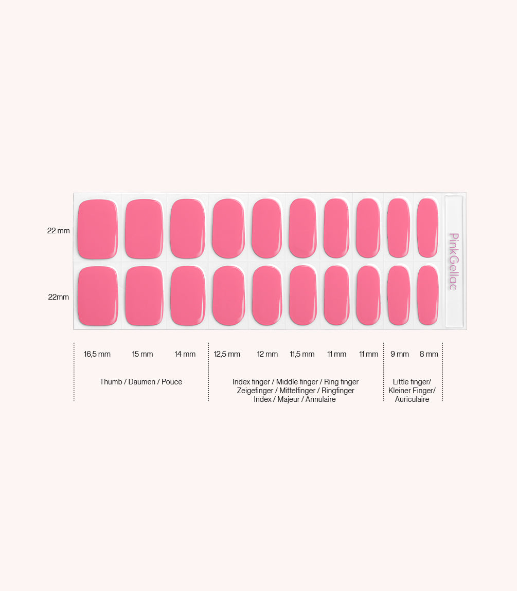 Pink Gellac 005 Coral Charm gel nail stickers size guide with measurements per nail.
