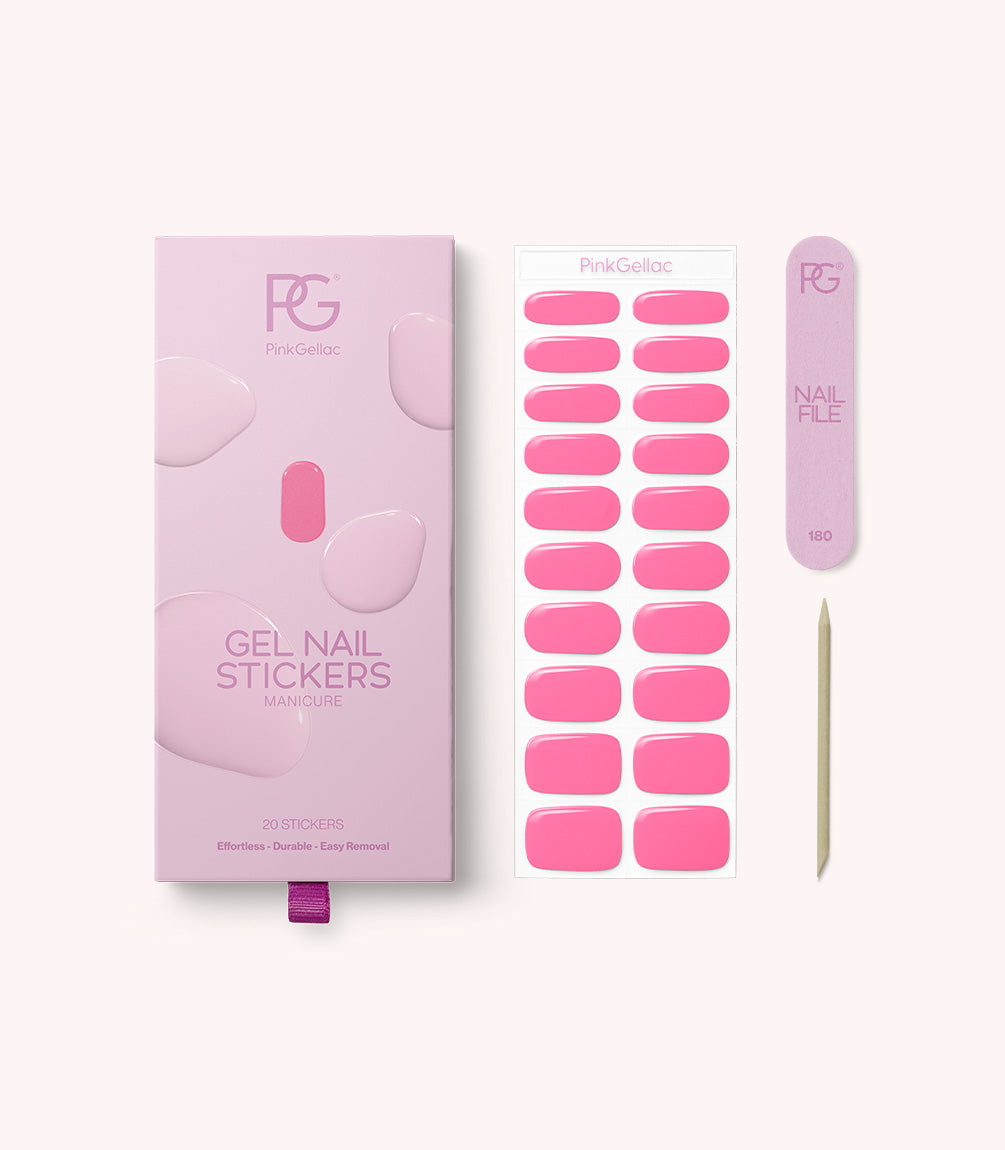 Pink Gellac 006 Neon Pink gel nail stickers with sheet, nail file and cuticle stick.