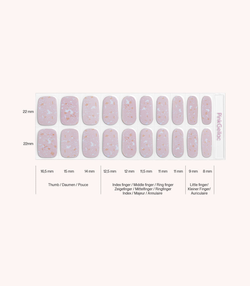 Pink Gellac 008 Holographic Blush gel nail stickers size guide with measurements per nail.