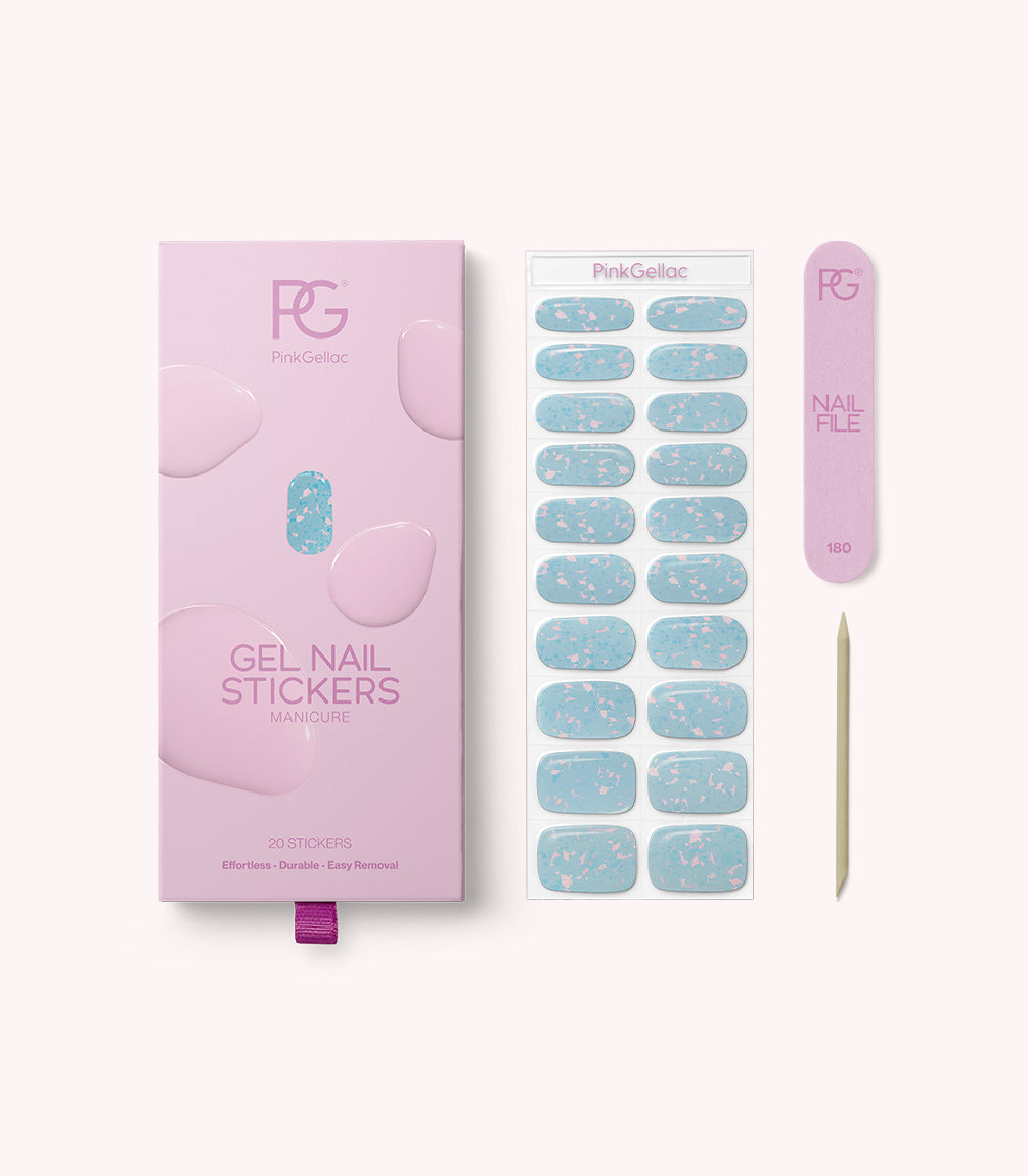 Pink Gellac 009 Holographic Blue gel nail stickers with sheet, nail file and cuticle stick.