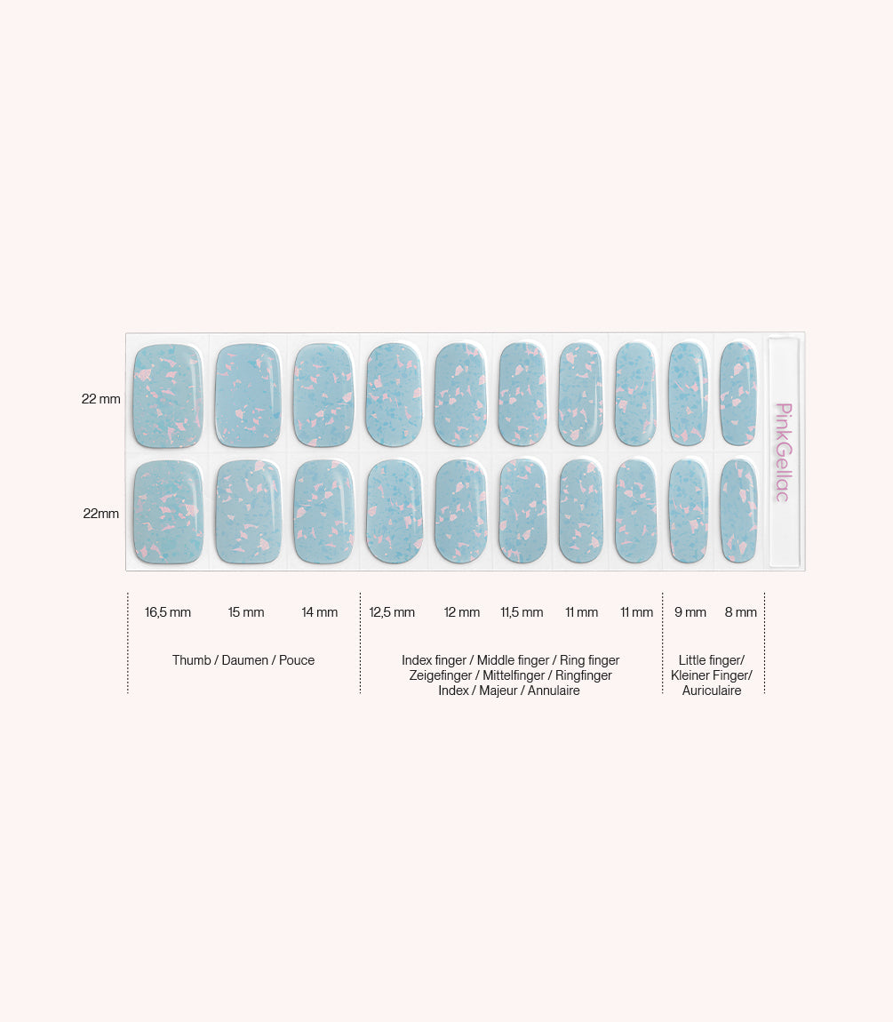 Pink Gellac 009 Holographic Blue gel nail stickers size guide with measurements per nail.