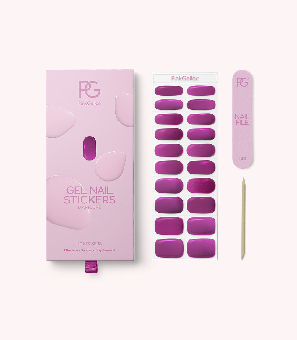 Pink Gellac 010 Bubblegum Chrome gel nail stickers with sheet, nail file and cuticle stick.