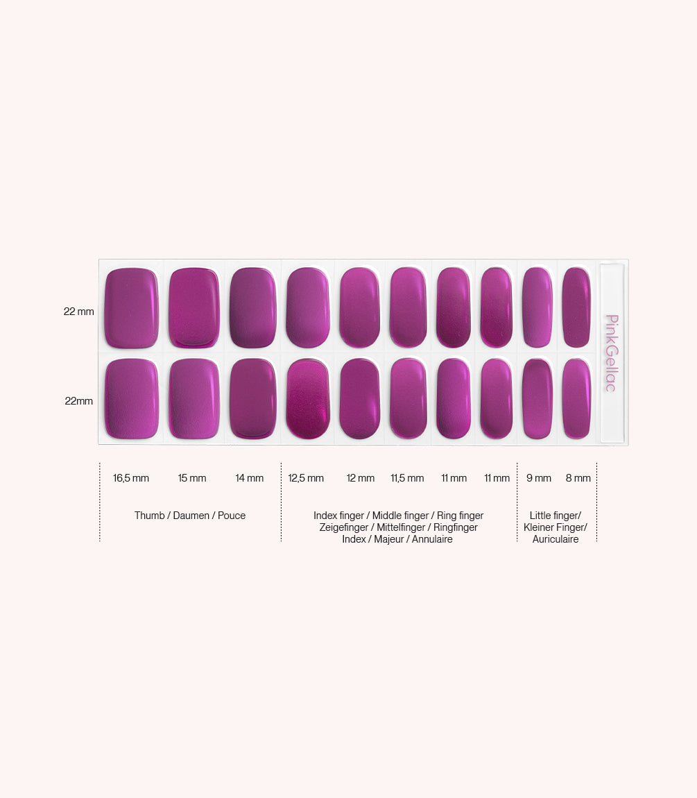 Pink Gellac 010 Bubblegum Chrome gel nail stickers size guide with measurements per nail.