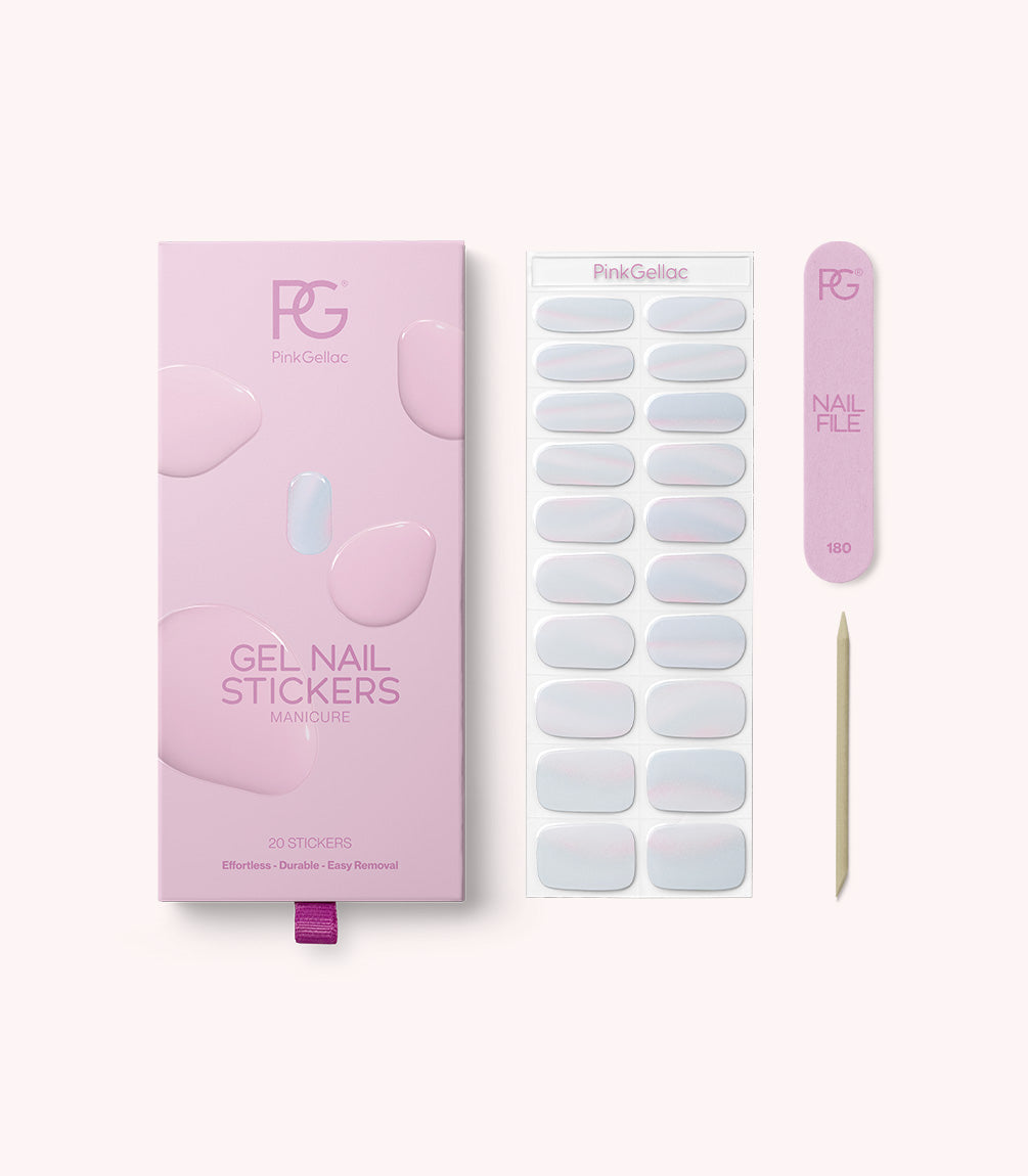 Pink Gellac 011 Fairytale Chrome gel nail stickers with sheet, nail file and cuticle stick.