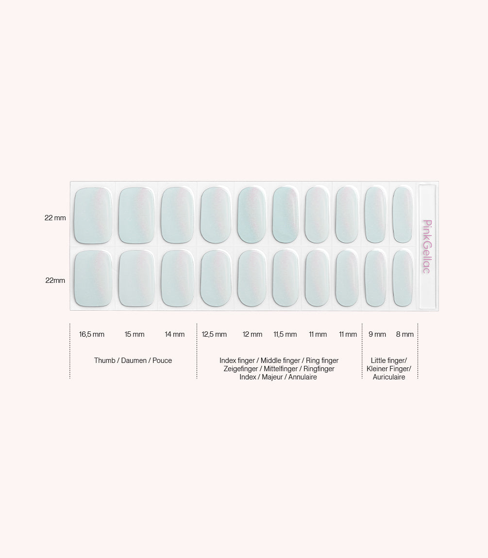 Pink Gellac 012 Minty Chrome gel nail stickers size guide with measurements per nail.