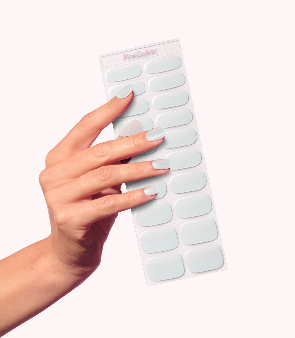 Hand wearing Pink Gellac 012 Minty Chrome gel nail stickers.
