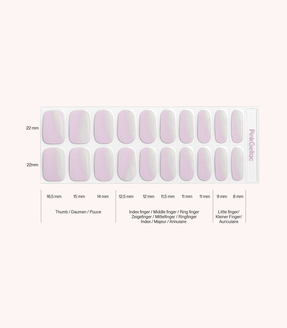 Pink Gellac 013 Electric Chrome gel nail stickers size guide with measurements per nail.