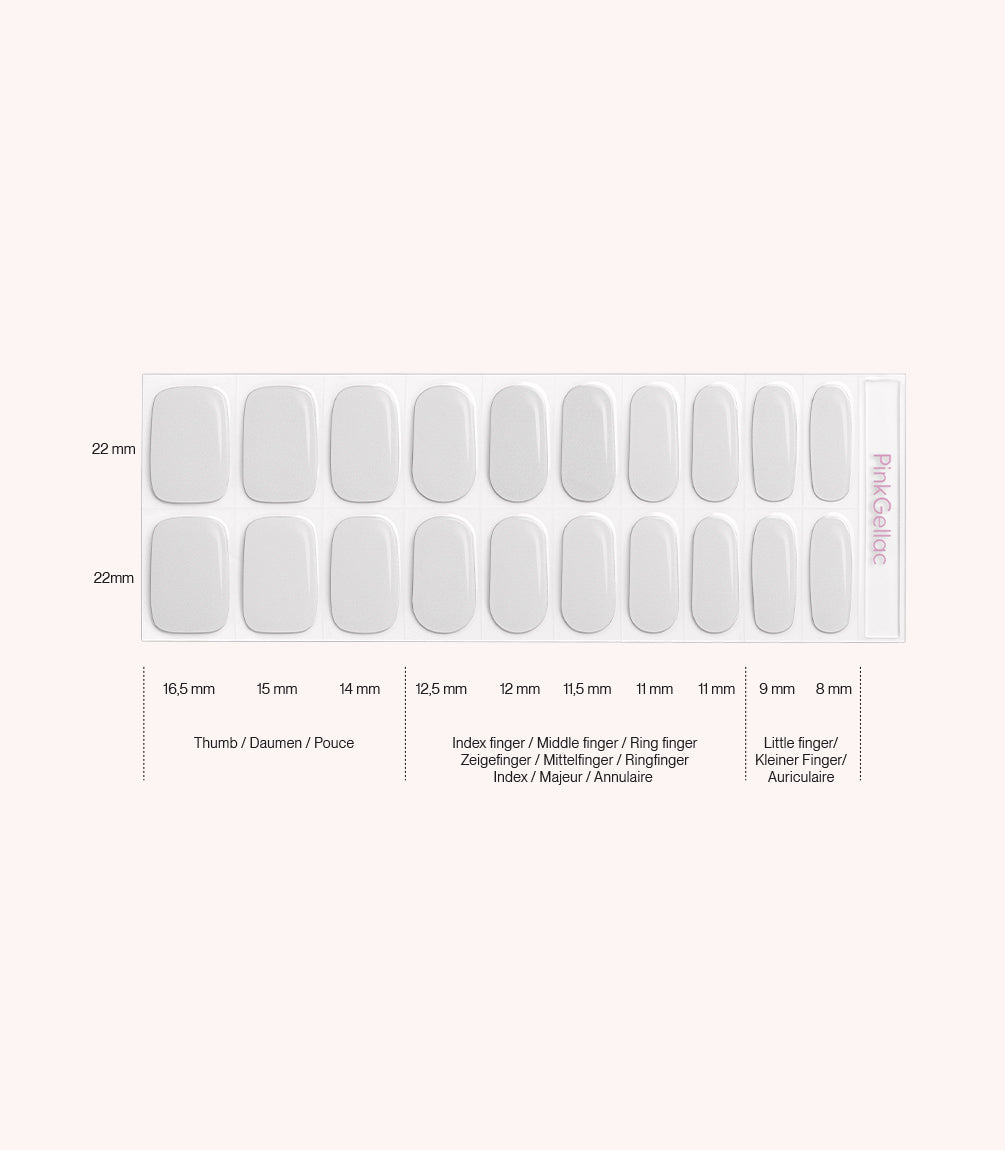 Pink Gellac 014 Pearly Chrome gel nail stickers size guide with measurements per nail.