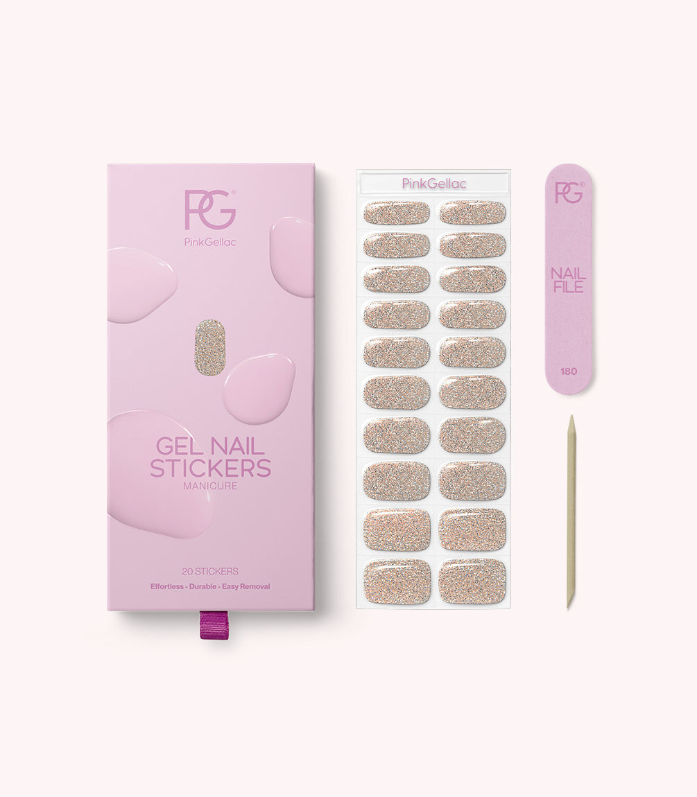 Pink Gellac 016 Champagne Sparkle gel nail stickers with sheet, nail file and cuticle stick.