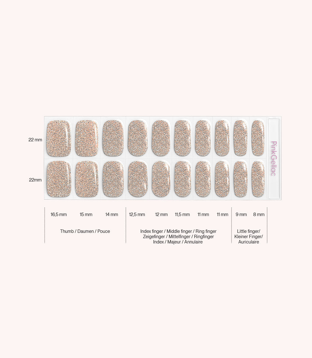 Pink Gellac 016 Champagne Sparkle gel nail stickers size guide with measurements per nail.