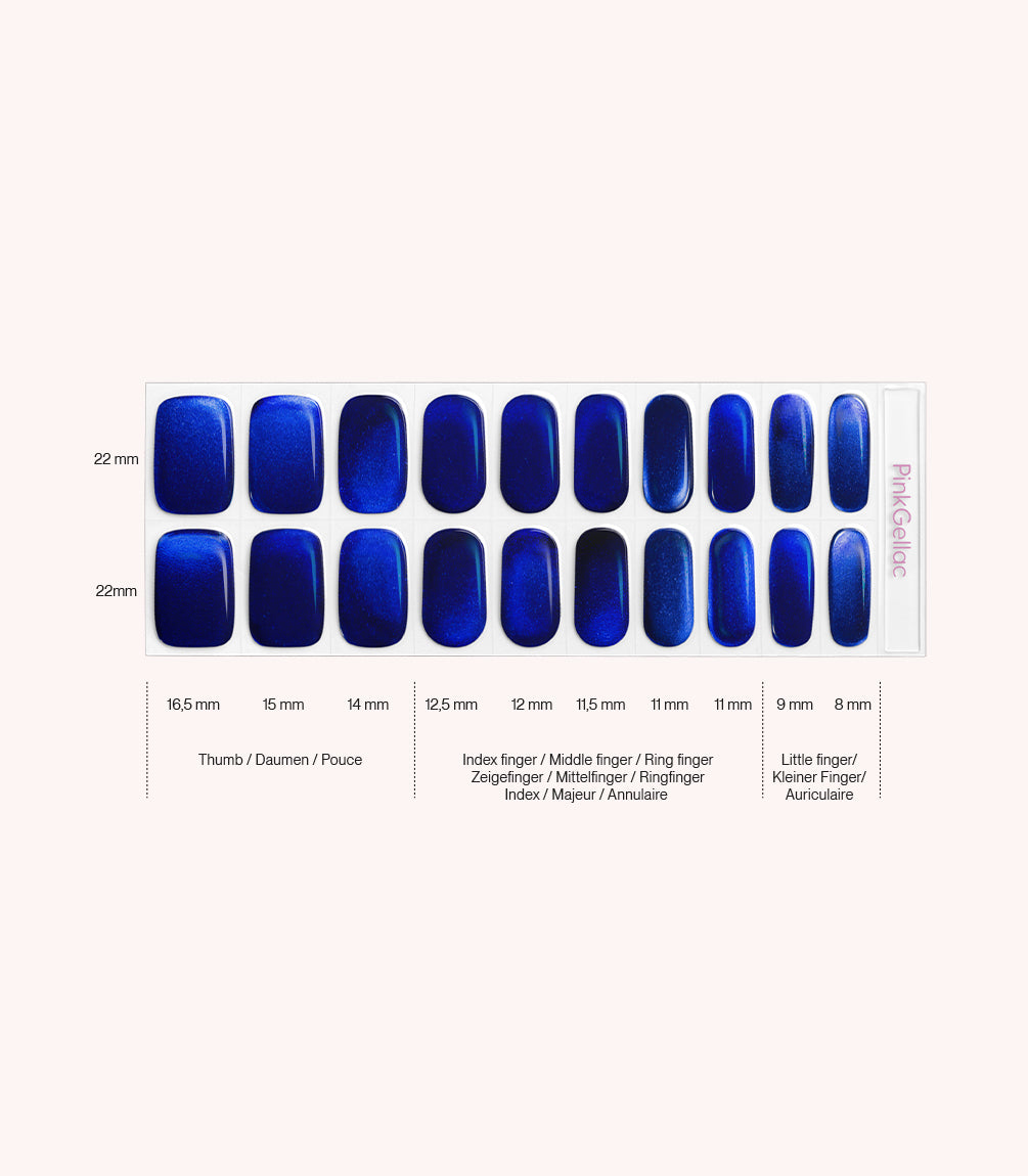 Pink Gellac 017 Royal Chrome gel nail stickers size guide with measurements per nail.