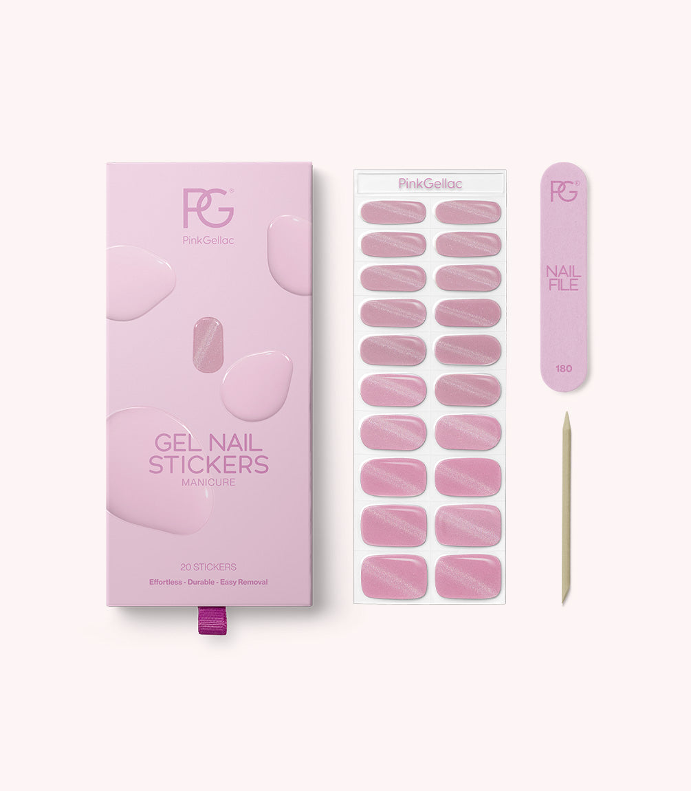 Pink Gellac 018 Cat Eye Blushing Pink gel nail stickers with sheet, nail file and cuticle stick.