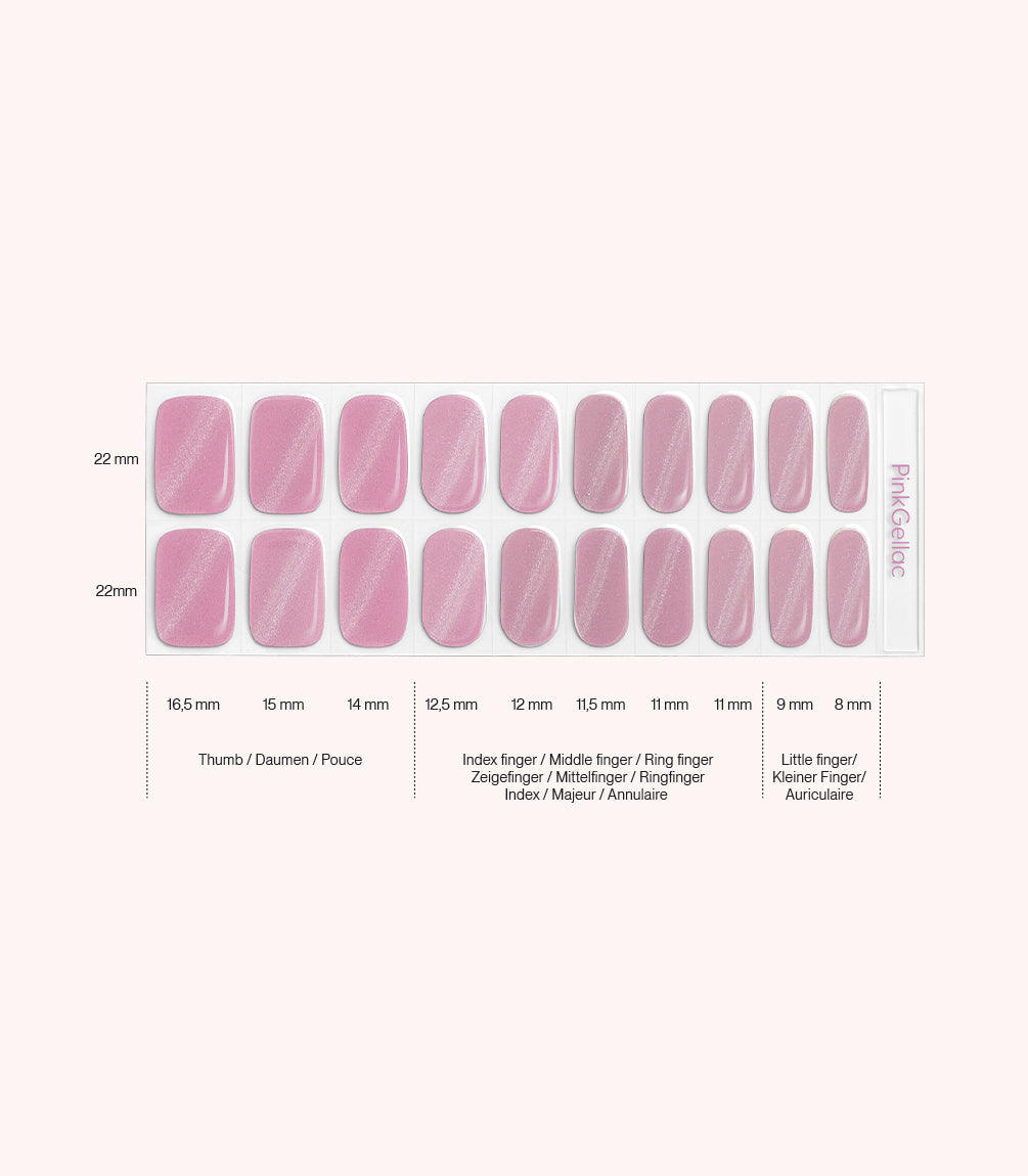 Pink Gellac 018 Cat Eye Blushing Pink gel nail stickers size guide with measurements per nail.