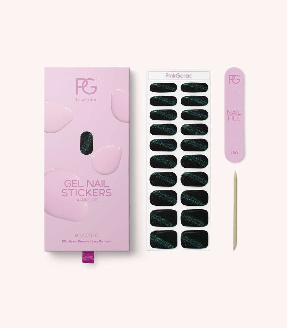 Pink Gellac 019 Cat Eye Black Onyx gel nail stickers with sheet, nail file and cuticle stick.