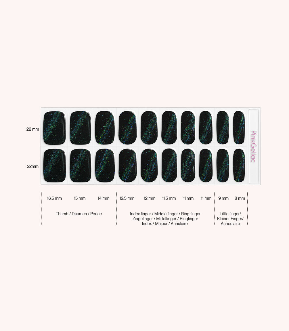 Pink Gellac 019 Cat Eye Black Onyx gel nail stickers size guide with measurements per nail.