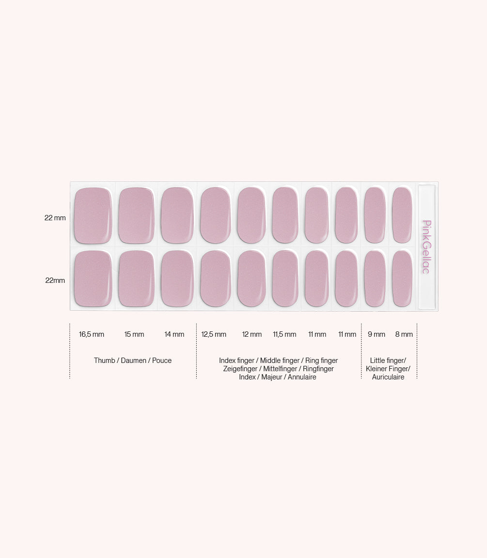 Pink Gellac 021 Pearly Pink gel nail stickers size guide with measurements per nail.
