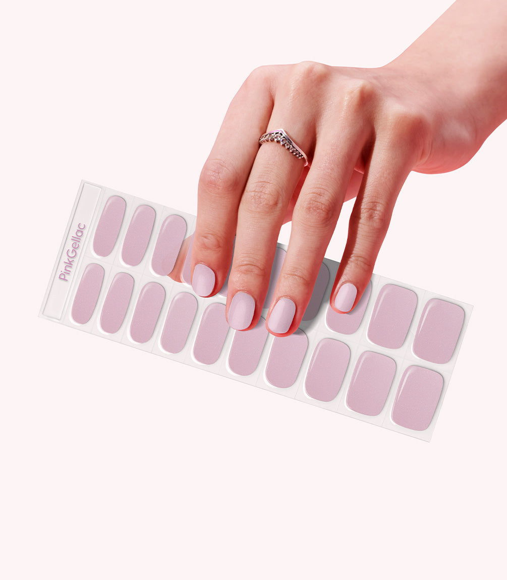 Hand wearing Pink Gellac 021 Pearly Pink gel nail stickers.