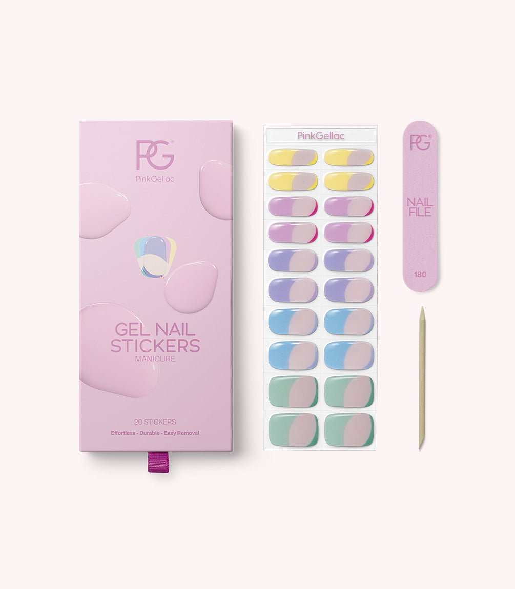 Pink Gellac 022 Pastel Dream gel nail stickers with sheet, nail file and cuticle stick.