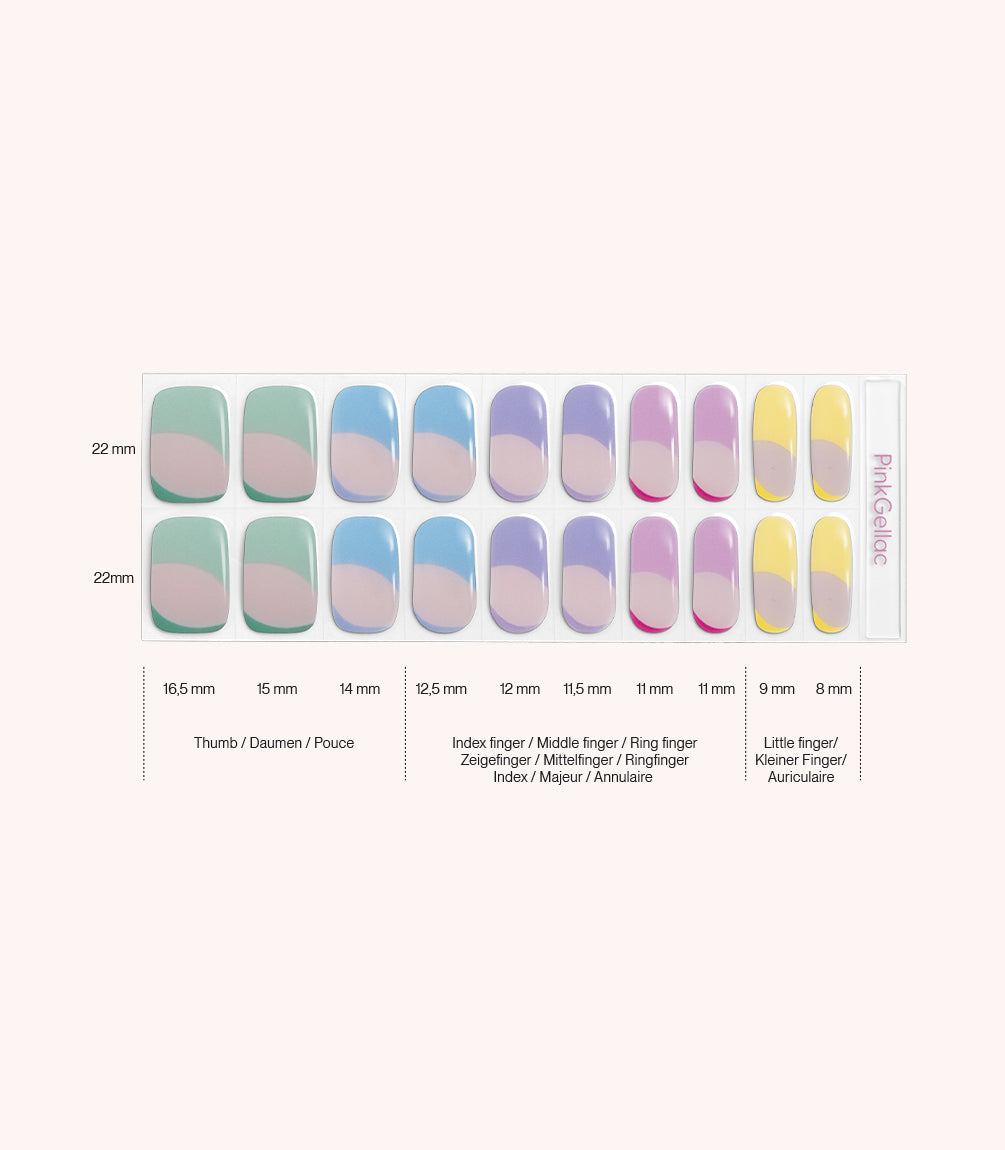 Pink Gellac 022 Pastel Dream gel nail stickers size guide with measurements per nail.