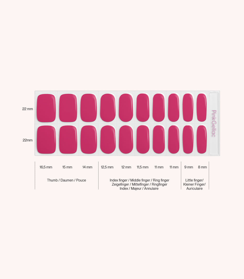 Pink Gellac 023 Rosy Red gel nail stickers size guide with measurements per nail.