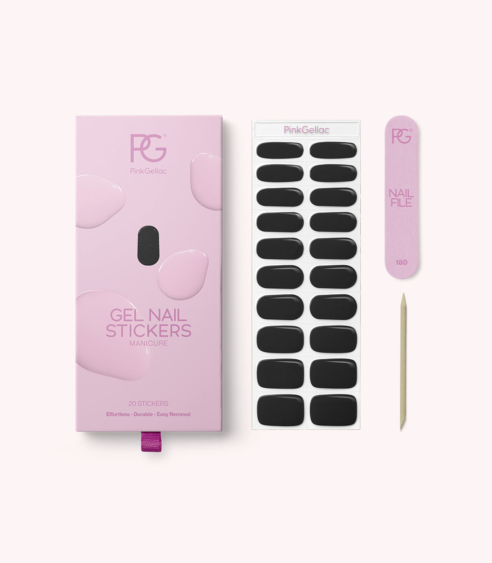 Pink Gellac 024 Jet Black gel nail stickers with sheet, nail file and cuticle stick.