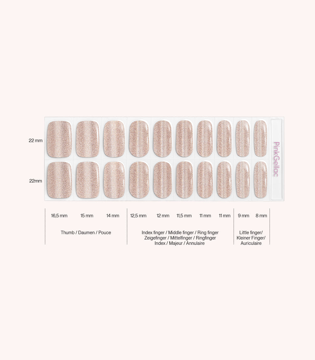 Pink Gellac 025 Cat Eye Champagne Gold gel nail stickers size guide with measurements per nail.