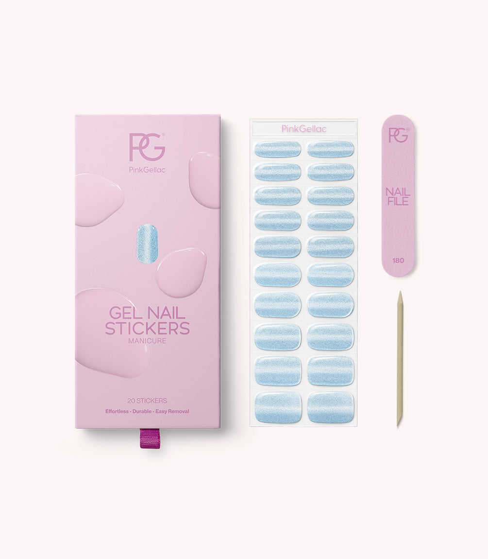 Pink Gellac 026 Cat Eye Misty Blue gel nail stickers with sheet, nail file and cuticle stick.