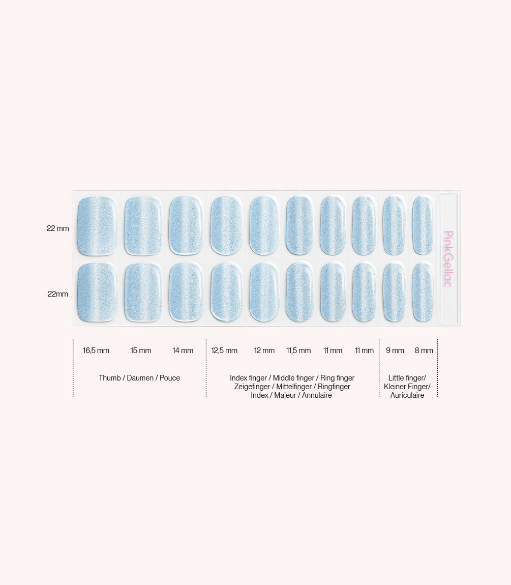 Pink Gellac 026 Cat Eye Misty Blue gel nail stickers size guide with measurements per nail.