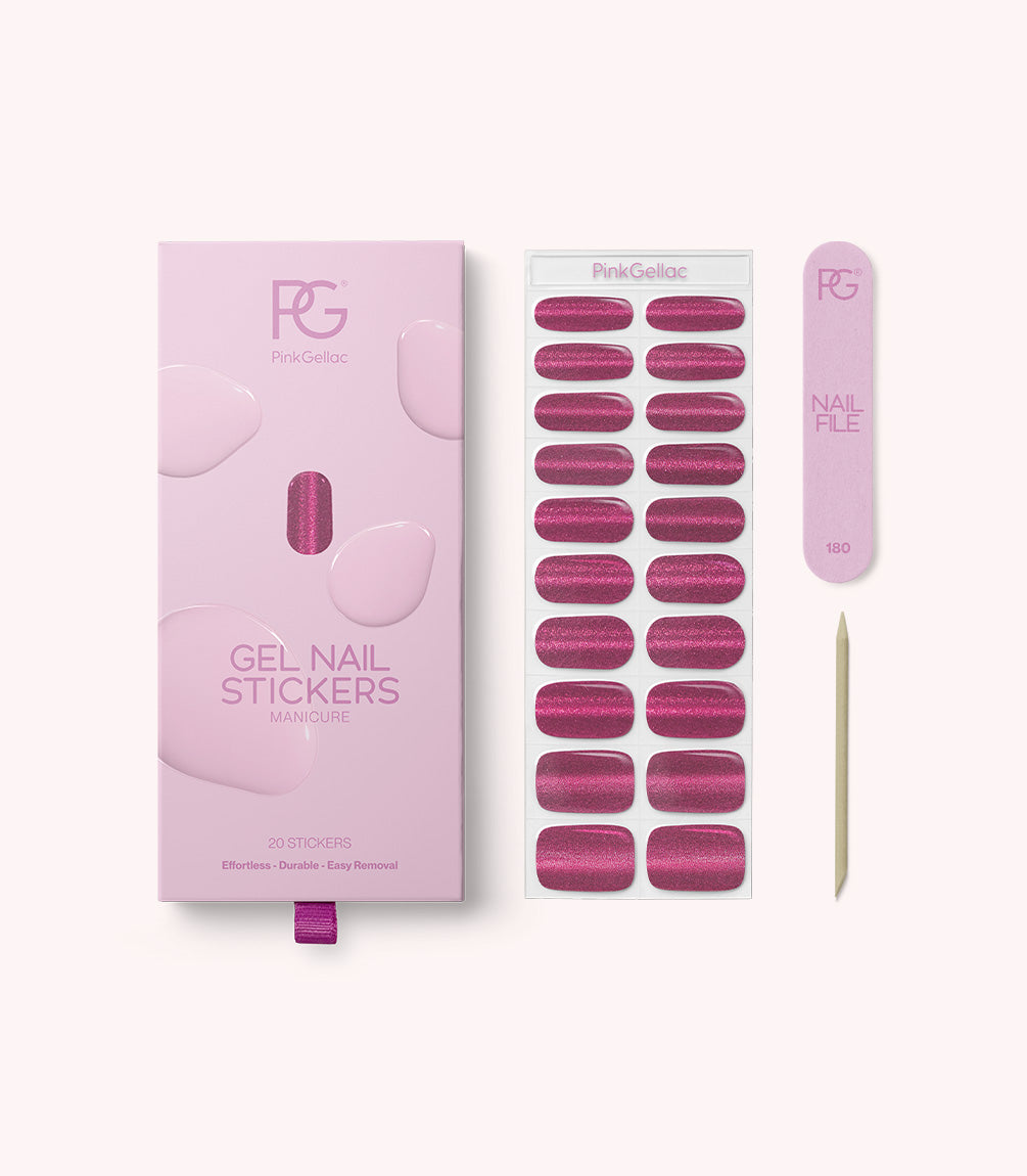 Pink Gellac 027 Cat Eye Flamenco Red gel nail stickers with sheet, nail file and cuticle stick.