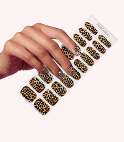 Hand wearing Pink Gellac 028 Lavish Leopard gel nail stickers.