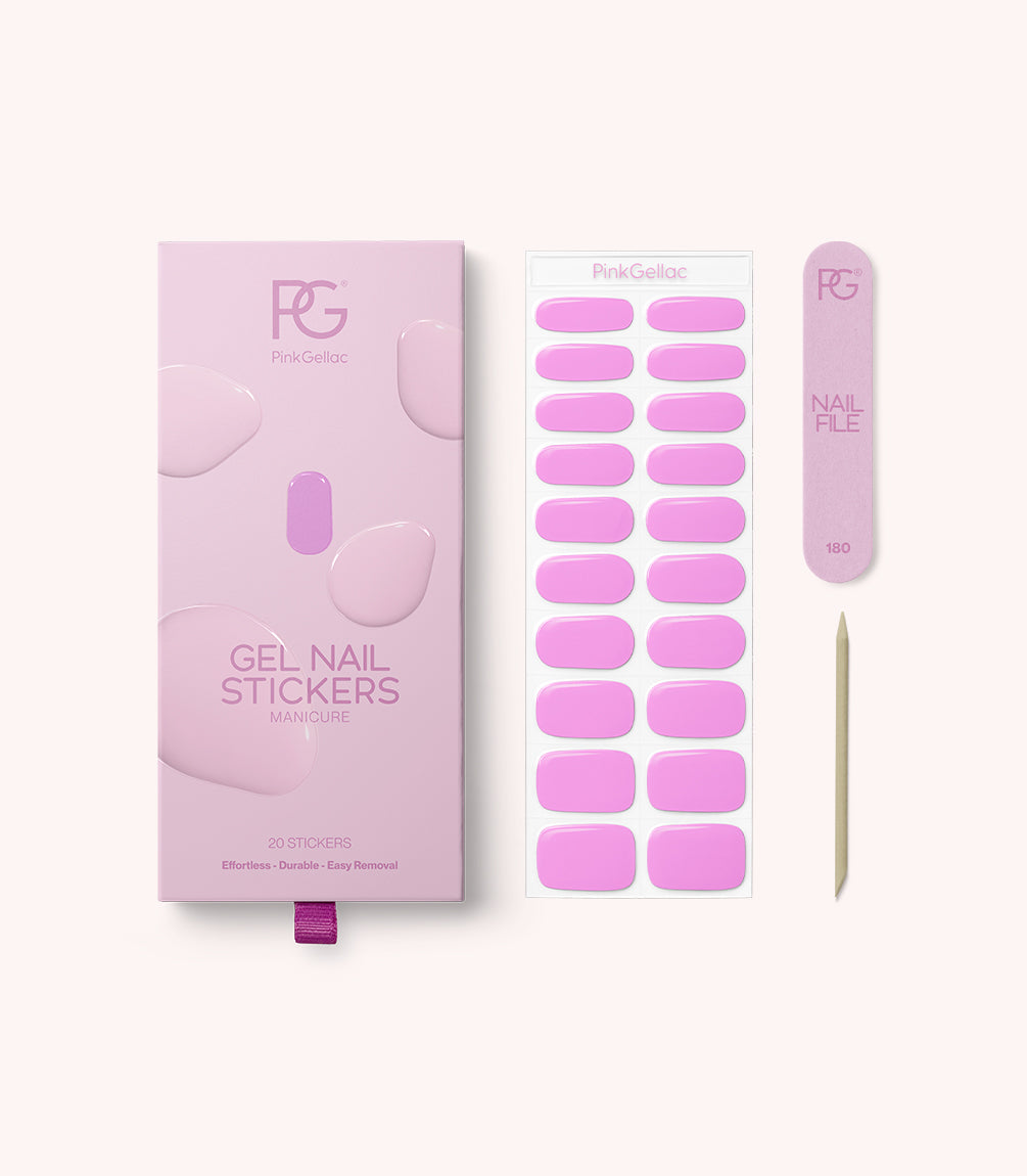 Pink Gellac 029 Sweet Lilac gel nail stickers with sheet, nail file and cuticle stick.