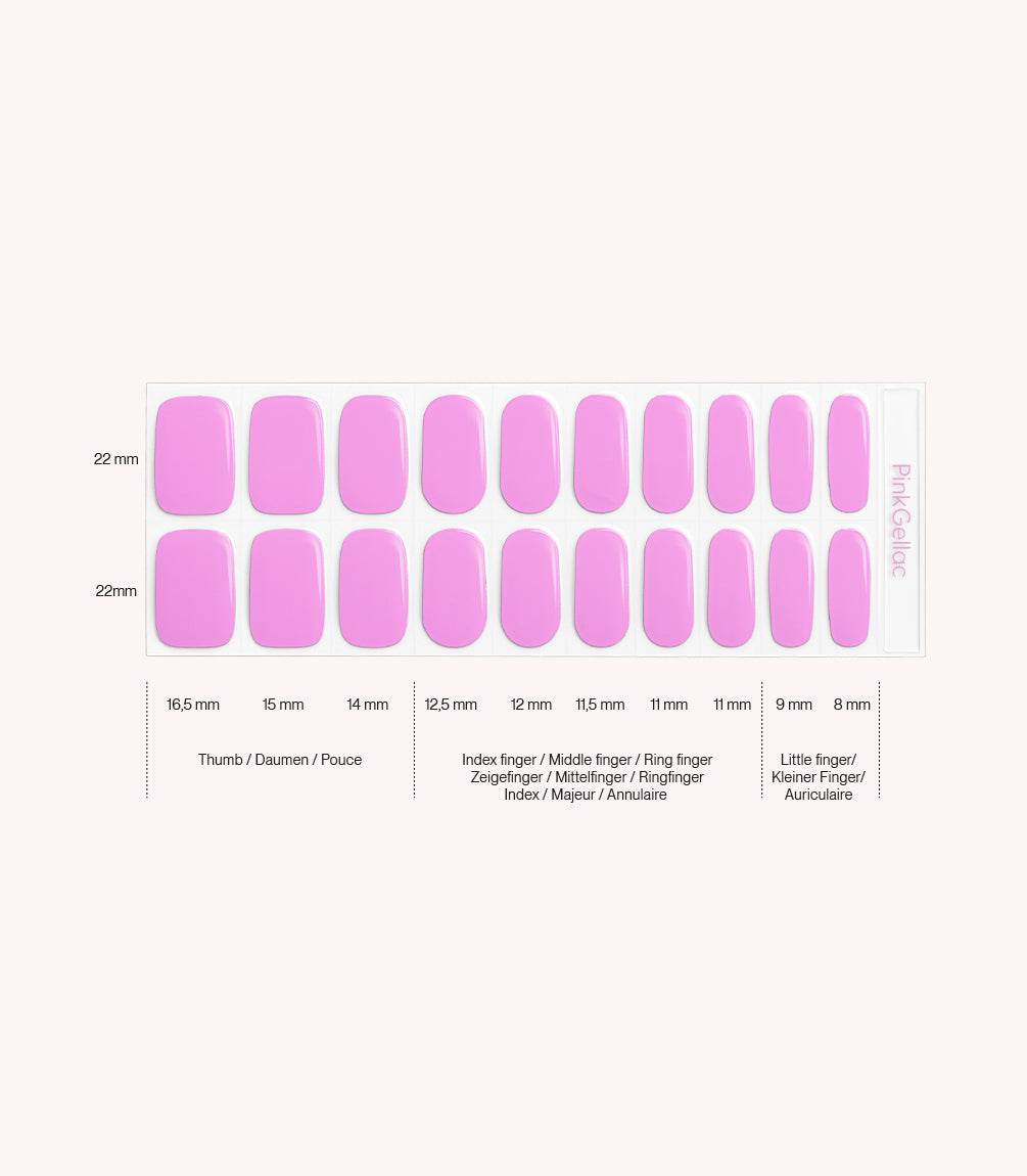 Pink Gellac 029 Sweet Lilac gel nail stickers size guide with measurements per nail.