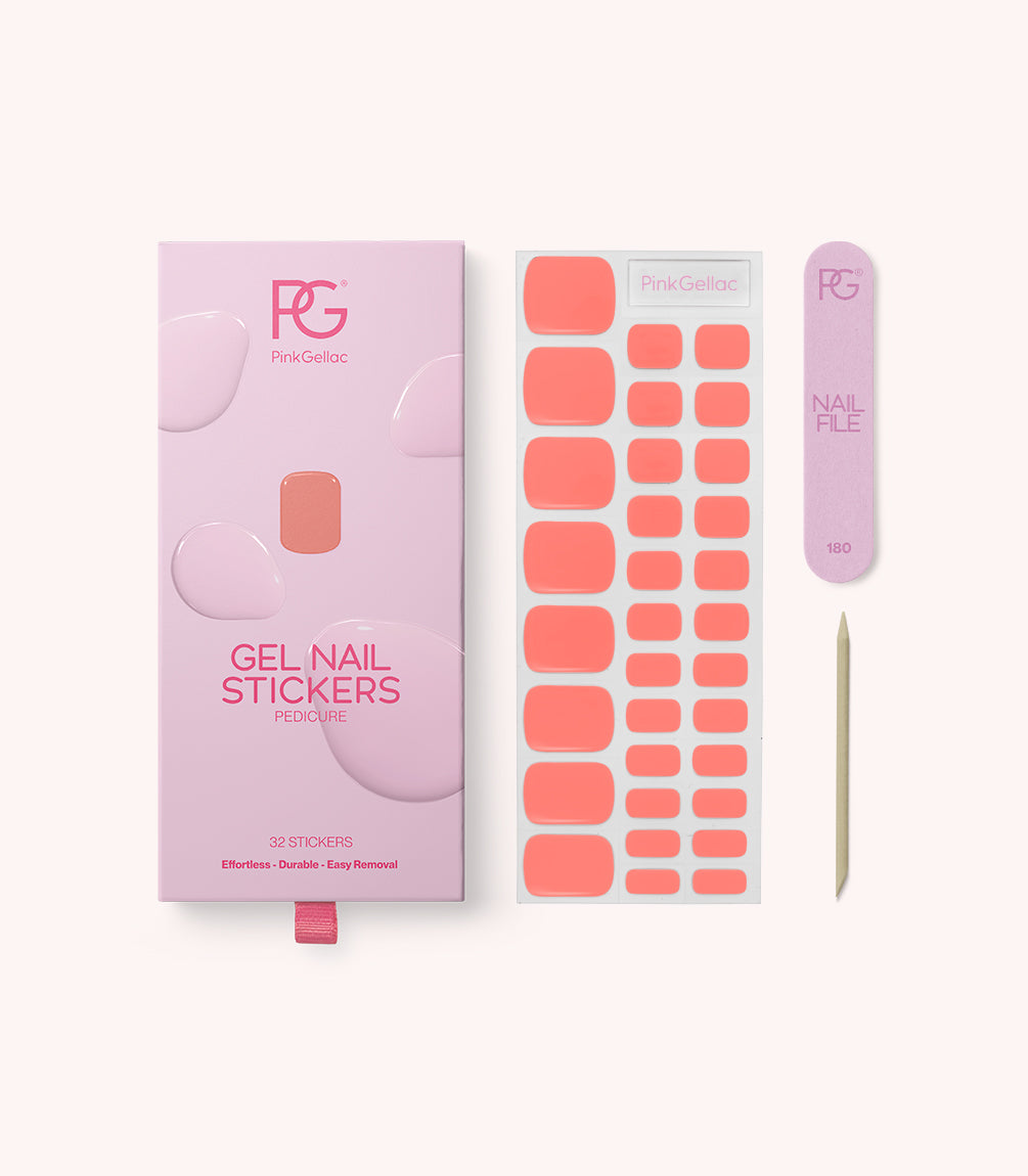 Pink Gellac 364 Energizing Orange pedicure gel nail stickers with sheet, nail file and cuticle stick.