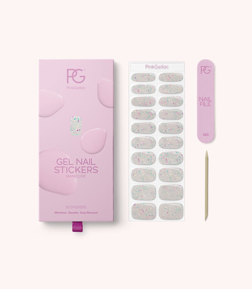 Pink Gellac 030 Confetti Crush gel nail stickers with sheet, nail file and cuticle stick.
