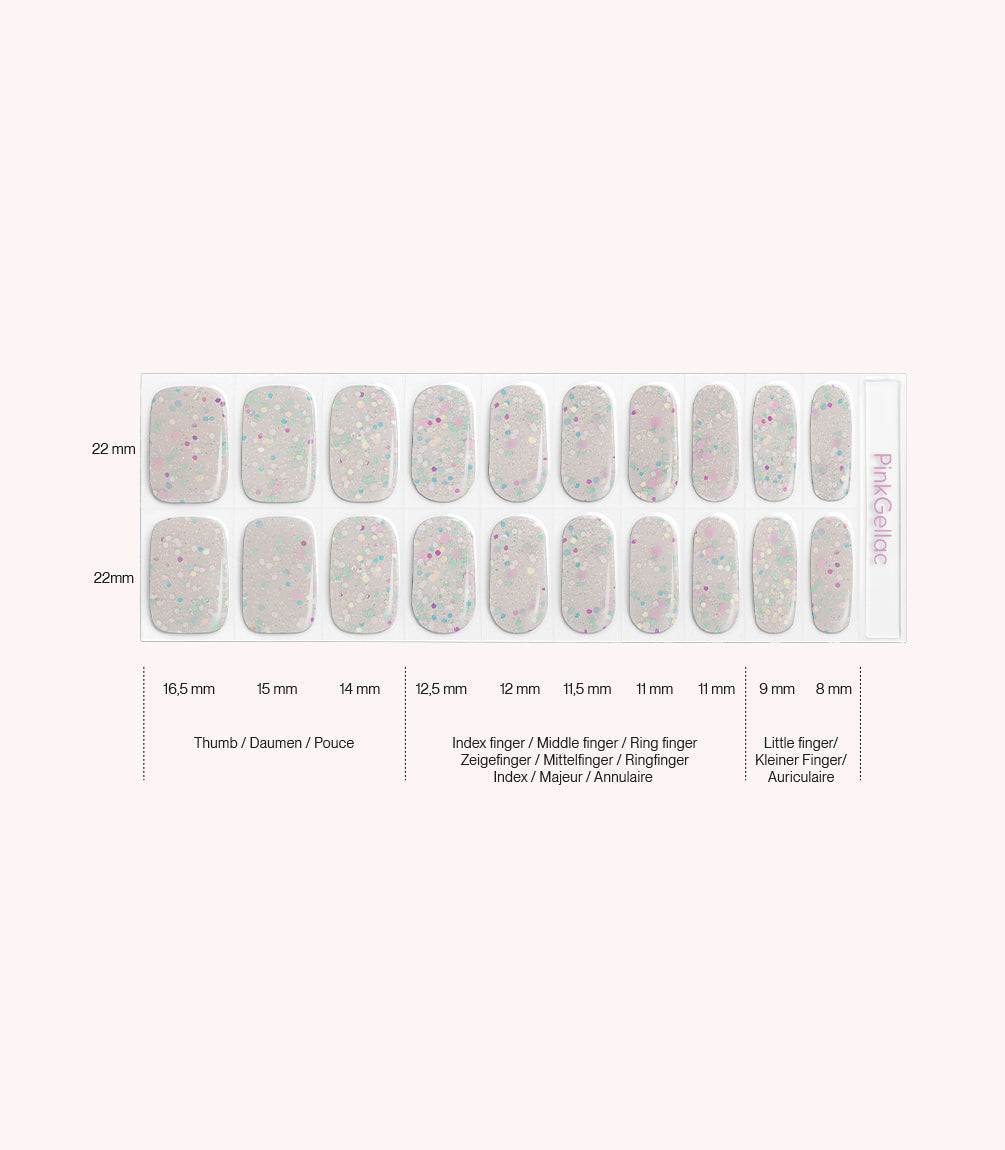 Pink Gellac 030 Confetti Crush gel nail stickers size guide with measurements per nail.