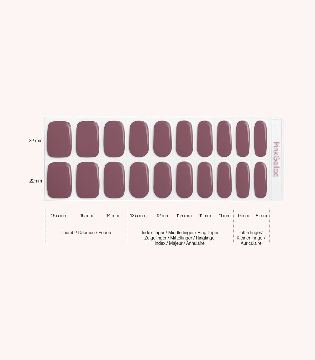 Pink Gellac 031 Deep Mauve gel nail stickers size guide with measurements per nail.