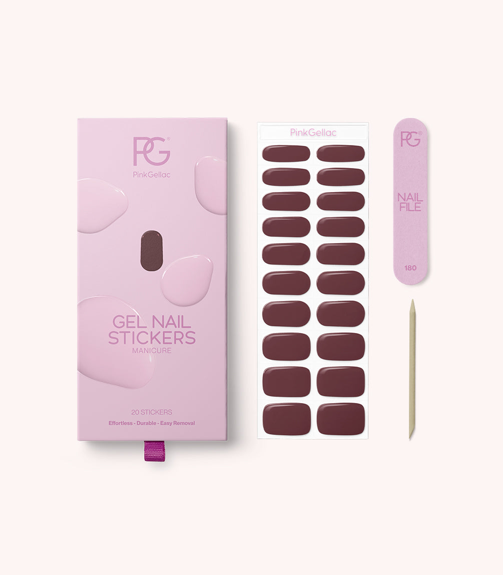 Pink Gellac 032 Cherrywood Red gel nail stickers with sheet, nail file and cuticle stick.