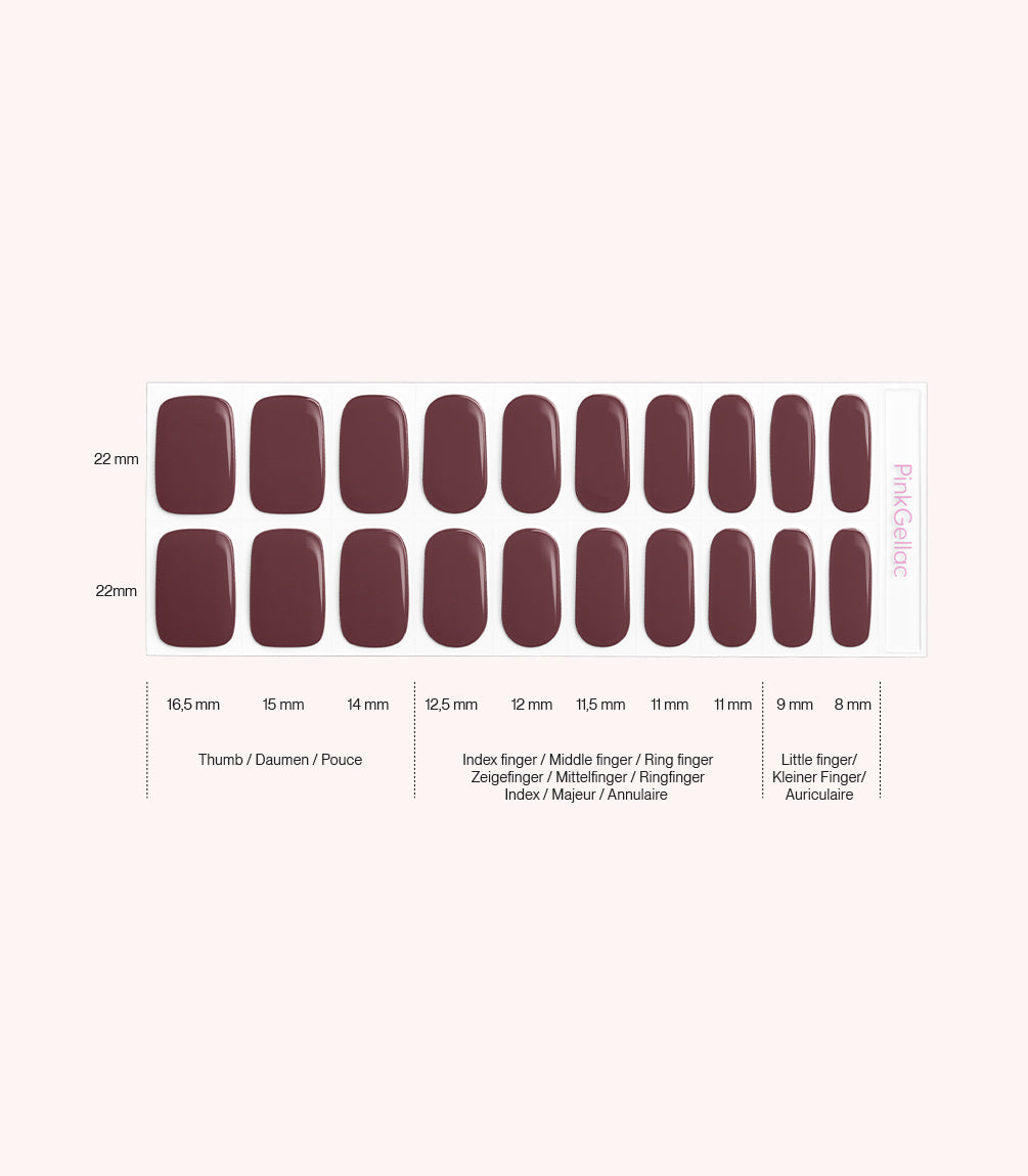 Pink Gellac 032 Cherrywood Red gel nail stickers size guide with measurements per nail.